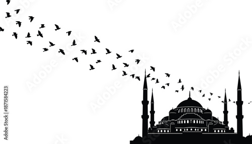 Mosque silhouette with flying birds, cultural architecture, spiritual freedom symbol, black design, religious heritage, peaceful skyline composition flat vector