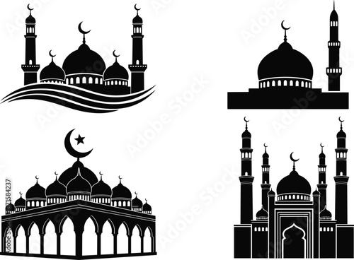 Islamic mosque silhouettes with crescent moons, minarets, domes, religious architecture, black design, cultural art, symmetrical layout, sacred flat vector