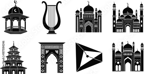 Cultural architecture and symbol icons, mosque silhouette, pagoda, lyre, gateway, diverse heritage illustration, black design elements flat vector