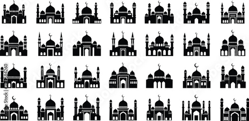 Collection of mosque icons, islamic architecture silhouettes, crescent moon domes, religious buildings, cultural symbols, black design elements flat vector