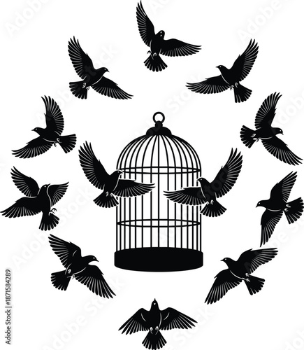 Birdcage with flying birds silhouette, freedom concept, escape symbolism, black design, circular motion, liberation theme, dynamic composition flat vector
