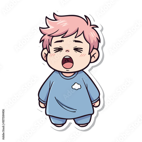 Adorable sleepy child sticker in blue pajamas yawning after waking up