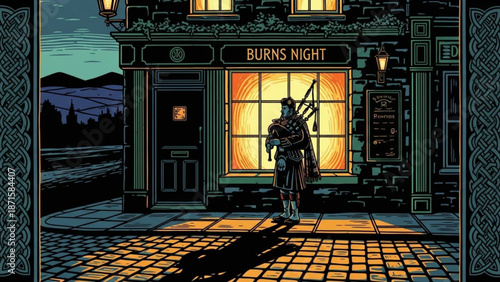 A bagpiper stands outside a traditional scottish pub on burns night with a warm glow emanating from the windows at dusk
