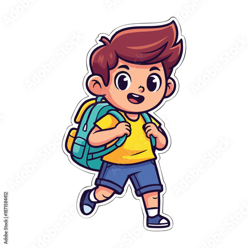 Happy cartoon boy walks cheerfully with his blue school backpack