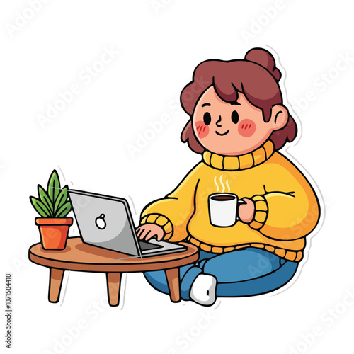 Comfortable Remote Work Setup Featuring a Young Woman and Laptop