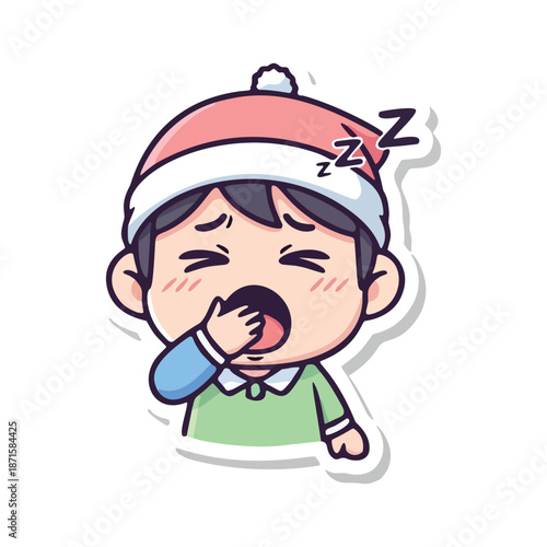 Cute Boy Wearing Sleep Hat Yawning Feeling Very Tired and Exhausted