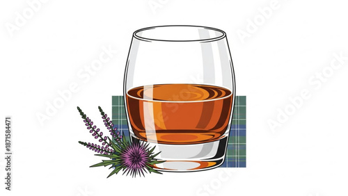 A glass of whisky with a thistle flower on a plaid background for scottish heritage and culture concepts