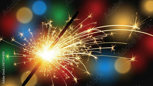 A bright sparkler burns with vibrant sparks against a colorful bokeh background of glowing lights on a dark night
