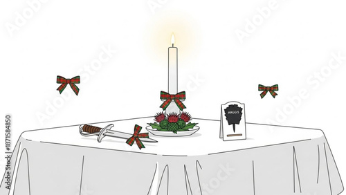 A white tablecloth covered table with a plate of flowers a candle a sword and a card with a silhouette on  burn night  it all adorned with red