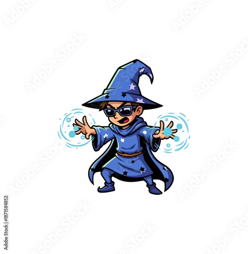 Cool wizard kid with magic powers wearing sunglasses and a hat.
