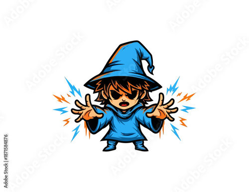 Cartoon Wizard Boy Casting Spell with Blue Hat and Robe.