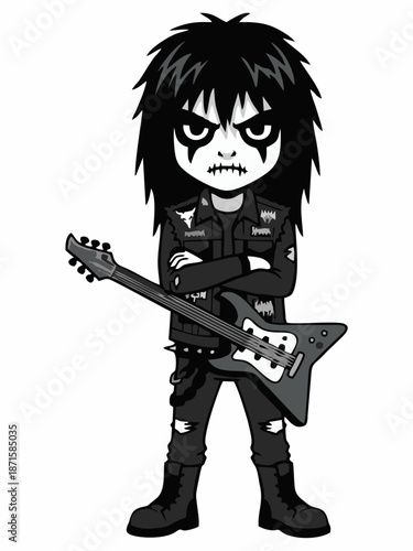 Black Metal Guitarist Cartoon Character with Electric Guitar