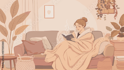 A vibrant portrait of a young woman wrapped in a blanket, reading a book while sitting comfortably on a cozy couch in a warm, diverse home interior with soft lighting.