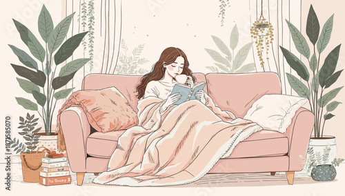 A vibrant portrait of a woman sitting comfortably on a pink couch with a puppy, surrounded by lush green plants and cozy throw blankets in a peaceful living room setting.