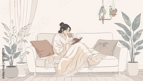 Vibrant portrait of a woman sitting on a couch with a book, surrounded by plants in a cozy living room with a warm and inviting atmosphere, promoting diversity and relaxation.
