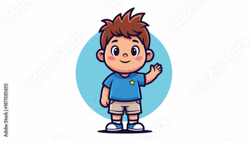 A cartoon boy with brown hair and a blue shirt
