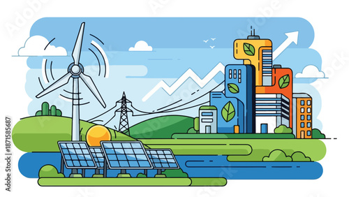 A cartoon cityscape with renewable energy sources