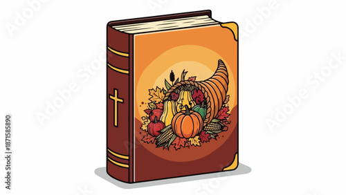 A cartoon image of a book with a cornucopia on the cover