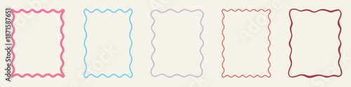 Zig zag wavy edge rectangle frame or border shapes set. Rectangle shapes with curvy squiggly doodle lines. Abstract elements for template, stickers, promo material, web or social media design.