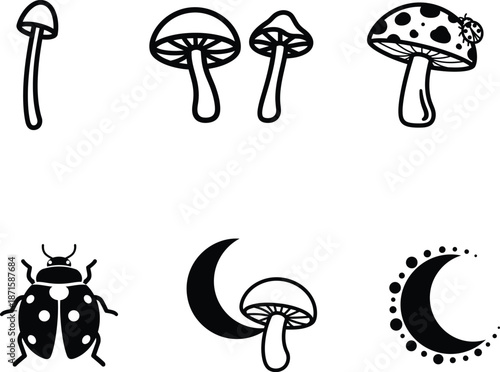 Black and white illustrations of mushrooms and insects on white background