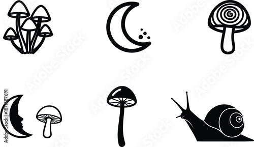 Black and white illustrations of mushrooms and moon and snail