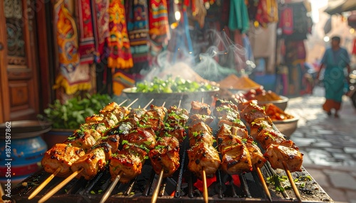 Moroccan Street Kebab Stall. Barbeque Skewers Close Up