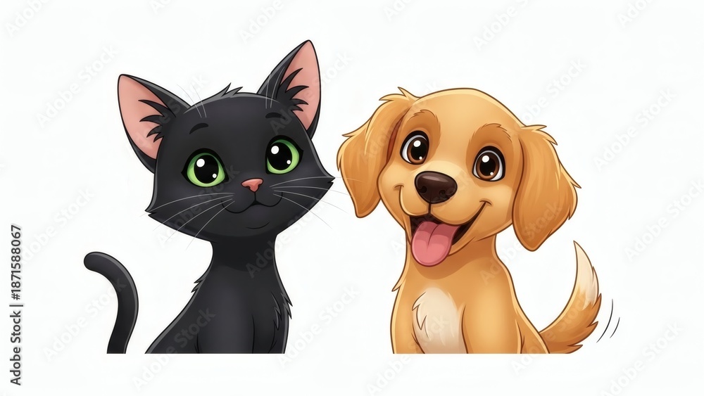Fototapeta premium Adorable Cat and Dogs Cartoon Characters Standing Together