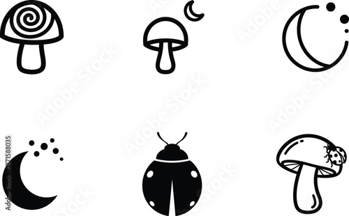 black and white illustrations of mushrooms ladybug and moons