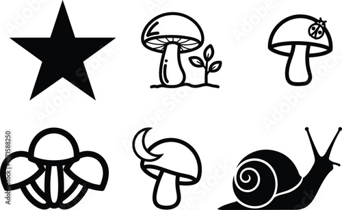 black and white illustrations of mushrooms snails and a star