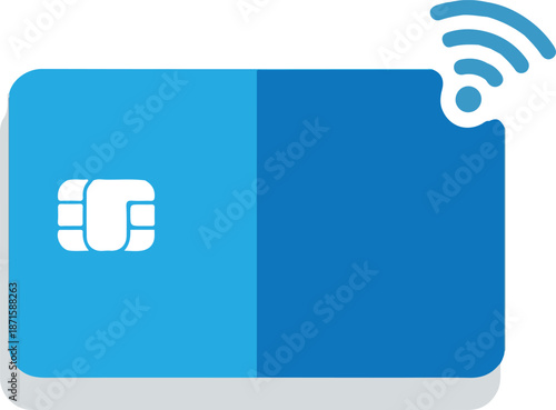 A minimalist blue credit card vector with a gold chip and a wireless signal icon. It symbolizes modern contactless payment technology, secure digital banking, and seamless financial transactions.