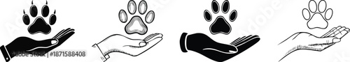 Protective hand offering paw print line art symbol care safety compassion animal support charity vector