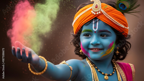 Joyful Child with Colored Powder Celebrating Festival