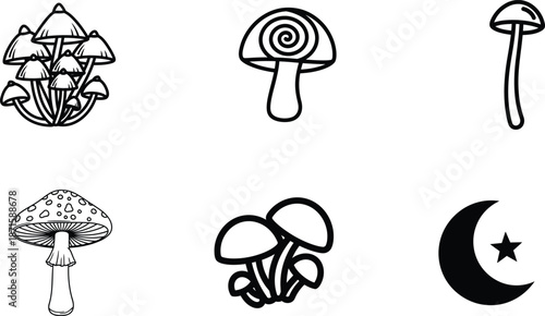 Black and white illustrations of various mushrooms and a crescent moon with star
