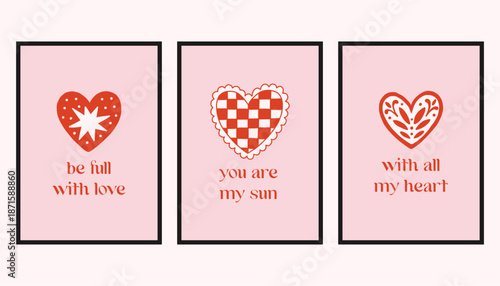 Vector set of romantic cards with decorative hearts and handwritten love quotes. Cute Valentine designs in soft pink and red, perfect for greeting cards, prints, and gifts.