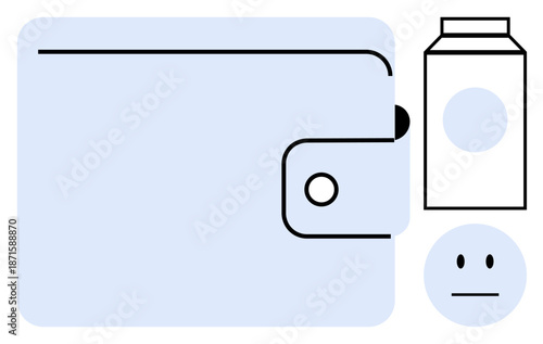 Financial planning, economic impact, food affordability, budgeting, consumerism, basic needs. A wallet next to a milk carton and neutral face symbol. Financial planning and economic impact concepts