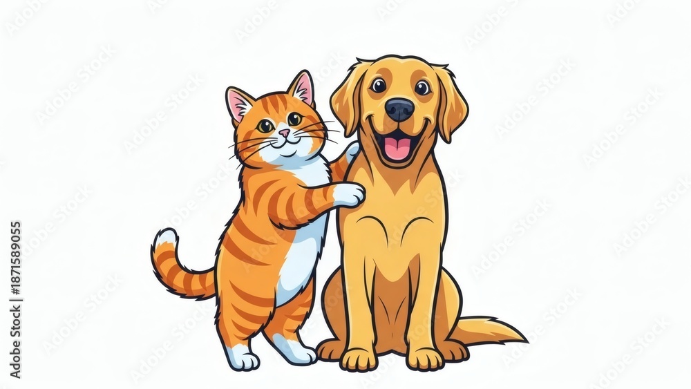 Obraz premium Adventurous Cat and Dogs Cartoon Friends Having Fun Together Outdoors in a Sunny Park Illustration