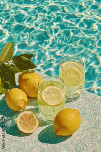 Refreshing Summer Drinks by the Poolside with Bright Lemons and Clear Water