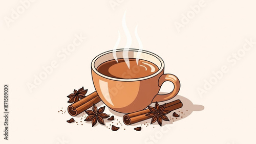 A steaming cup of hot spiced tea with cinnamon sticks and star anise on a plain background