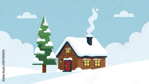 A cozy brown wooden house with snow on the roof and a pine tree beside it under a blue sky with clouds