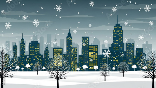 Snowy cityscape with skyscrapers and bare trees on a winter night with falling snowflakes