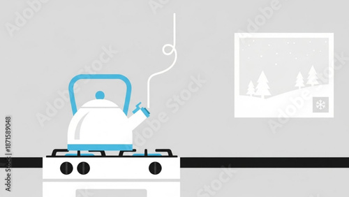 A blue and white kettle whistling on a gas stove with steam rising and a winter scene picture in the background