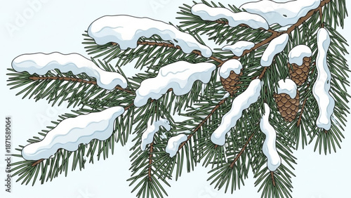 Snowy pine tree branch with cones on white background for winter seasonal designs