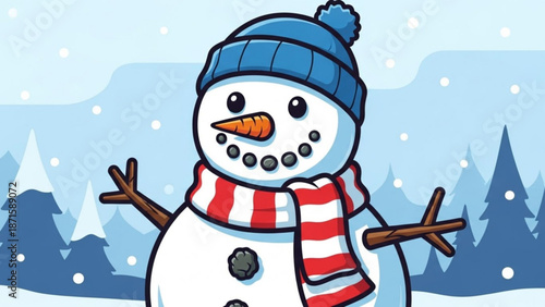 A cheerful snowman in a blue hat and red scarf stands against a snowy forest backdrop with falling snowflakes