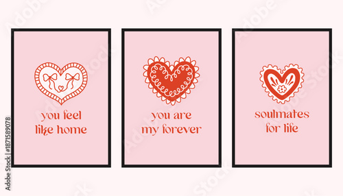 Vector set of romantic cards with decorative hearts and handwritten love quotes. Cute Valentine designs in soft pink and red, perfect for greeting cards, prints, and gifts.