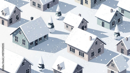 Snowy neighborhood scene with multiple houses and roofs covered in snow