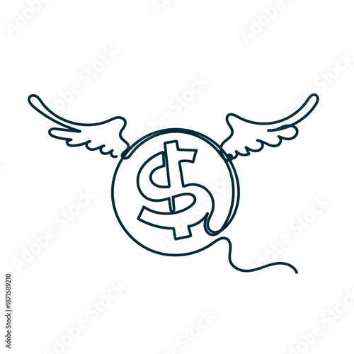 continuous line drawing money with wings flying illustration doodle