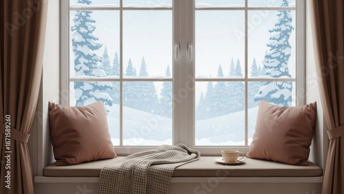 Cozy window seat with cup of coffee and blanket on a cold winter day with snow covered trees outside