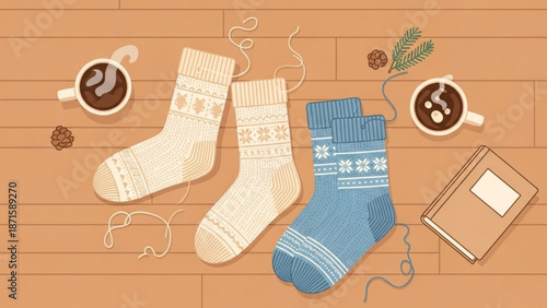 Cozy winter socks with hot chocolate and book on wooden floor