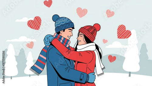Loving couple embracing in winter with hearts floating around them in a snowy landscape with trees