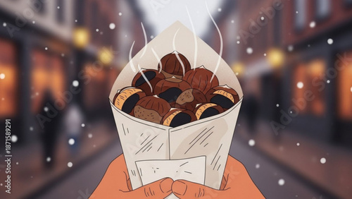 A hand holding a steaming paper bag filled with roasted chestnuts on a snowy city street at night